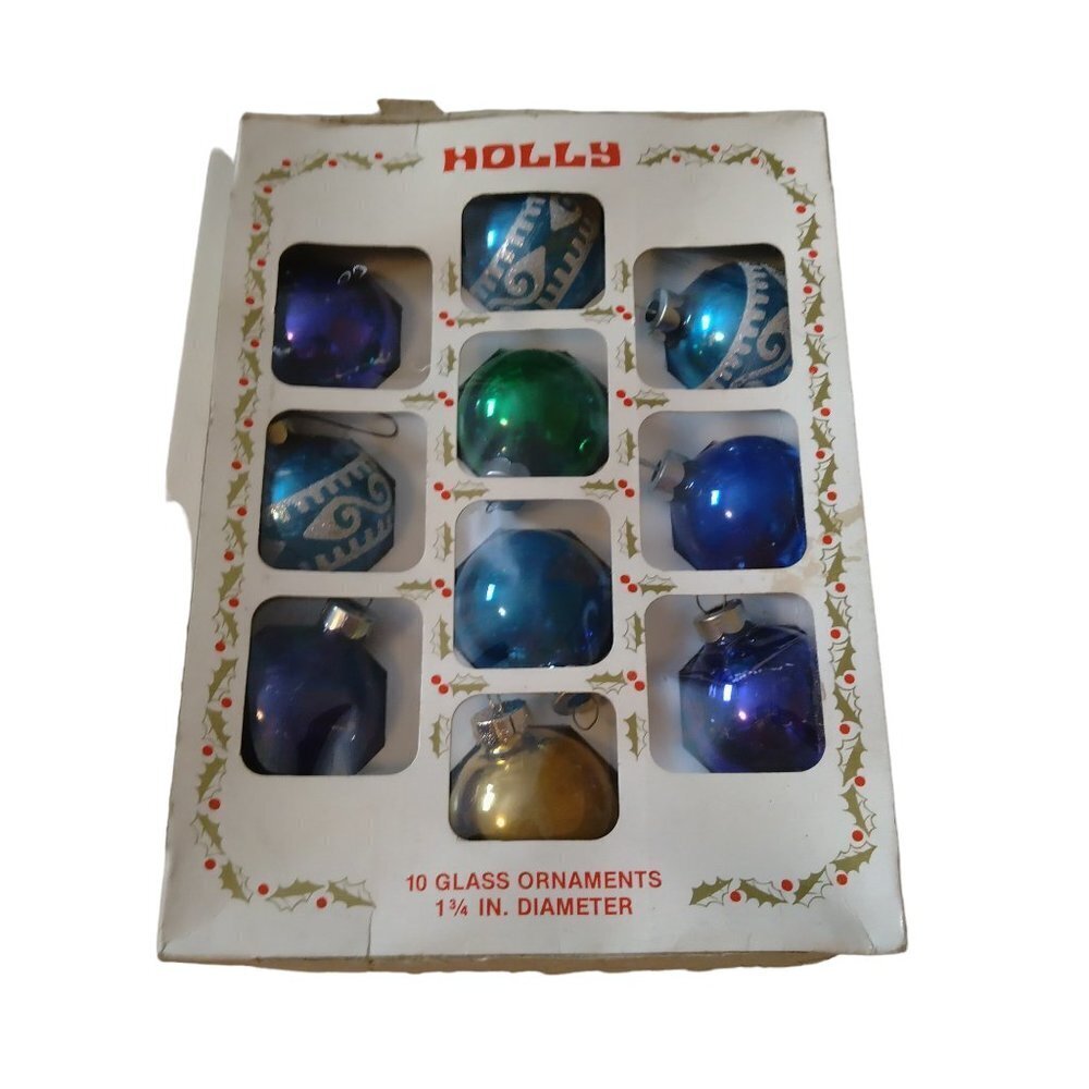 Holly Glass 1 3/4" Stencil Glittered And Solid Christmas Ornaments USA VTG CB2